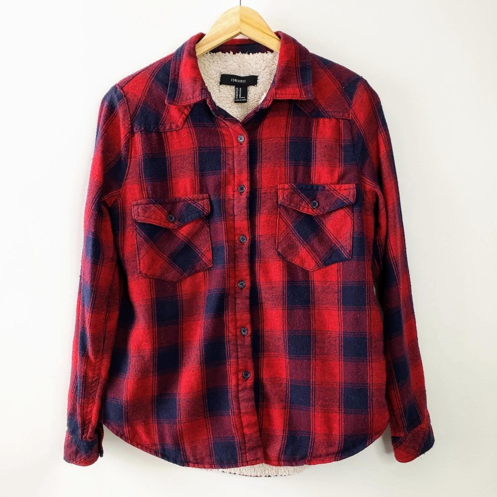 Forever 21 Fleece Sherpa Lined Plaid Button Down Shirt M